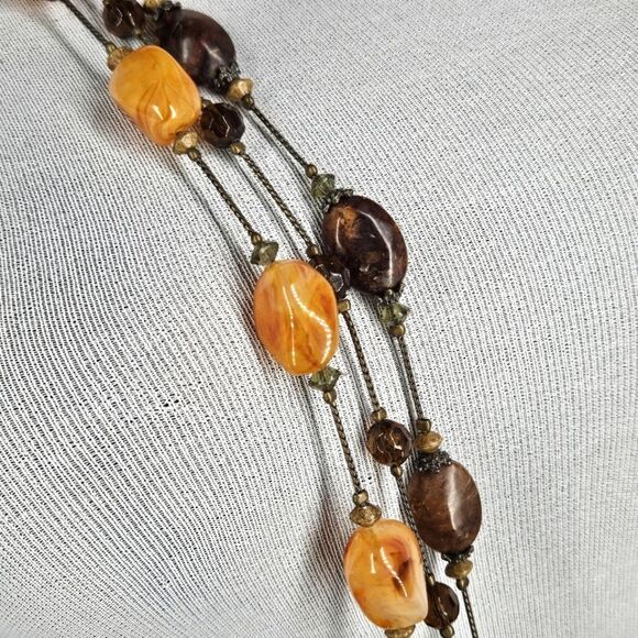 Faux Stone & Bead 3-Strand Layered Choker Necklace - Brown & Amber - Picture 8 of 9